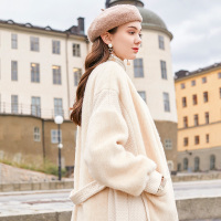 三彩冬季新款V领腰带长款仿丝棉外套仿雪貂绒毛毛大衣