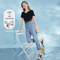 三彩2020夏季新款黑科技冰氧吧凉感高腰直筒锥形裤水洗牛仔长裤