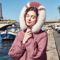 三彩2019冬季新款大毛领连帽纯色羽绒服保暖白鸭绒厚外套女