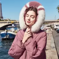三彩2019冬季新款大毛领连帽纯色羽绒服保暖白鸭绒厚外套女