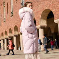 三彩2019冬季新款狐狸毛大毛领连帽羽绒服宽松中长白鸭绒厚外套女