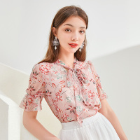 三彩2020夏季新款V领喇叭袖直筒雪纺印花浪漫衬衫上衣