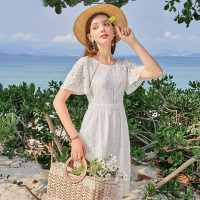 三彩2020夏季新款圆领绣花睫毛蕾丝花边连衣裙小白裙