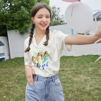 三彩2020夏季新款西装领壁画油画小天使印花文艺法式衬衫