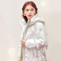 三彩冬季新款刺绣仿丝棉光感棉服长款大衣外套