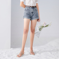 三彩2020夏季新款高腰腰带翻边直筒裤水洗牛仔短裤热裤