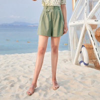 三彩2020夏季新款高腰松紧腰直筒裤A字牛油果绿短裤休闲裤