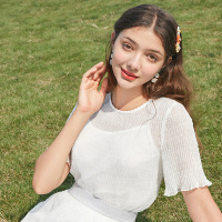 三彩2020夏季新款圆领雪纺点点剪花衬衫吊带两件套