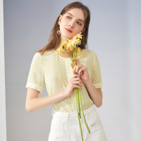 三彩2020夏季新款桑蚕丝圆领波点印花娃娃衫衬衫上衣
