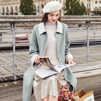 三彩冬季新款长款腰带撞色羊毛呢大衣双面呢外套