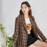 三彩2020春季新款西装领腰带中长款格子西装外套格纹上衣