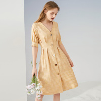 三彩2020夏季新款V领灯笼袖格子裙格纹复古连衣裙