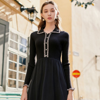 三彩冬季新款小香风毛边珍珠扣针织裙网纱连衣裙
