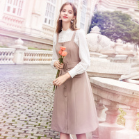 三彩秋冬季新款吊带裙气质连衣裙显瘦中长背带裙