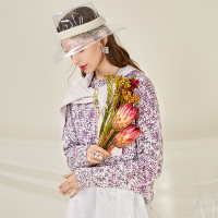 三彩2020春季新款段染彩虹纱紫藤花色钉花花纱针织衫长袖毛衣