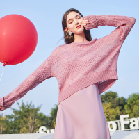 三彩2020春季新款圆领镂空套头毛衫长袖针织衫毛衣