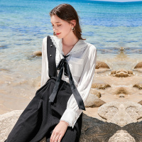 三彩2020春季新款怀旧复古风亮丝条纹可调节老爹背带裤九分裤