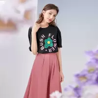 三彩2020夏季新款圆领花朵印花T恤衫松紧腰高腰半身裙两件套