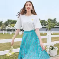 三彩2020春季新款高腰印花条纹百褶裙半身裙子