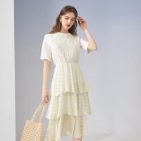 三彩2020夏季新款V领松紧腰蛋糕裙波点印花雪纺吊带连衣裙