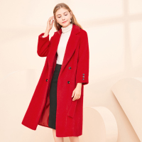 三彩冬季新款西装领腰带毛毛大衣长款外套
