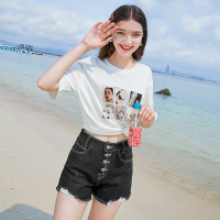 三彩2020夏季新款高腰毛边直筒水洗牛仔裤短裤复古热裤