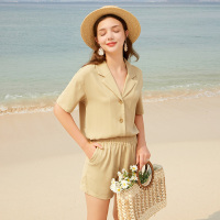 三彩2020夏季新款西装领衬衫松紧腰短裤两件套