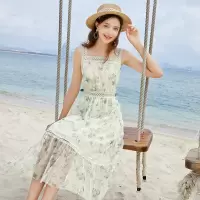 三彩2020夏季新款花边亮片绣花印花连衣裙吊带裙网纱裙