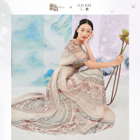 三彩2020夏季新款国宝联名系列釉彩大瓶花纹印花古风雪纺连衣裙