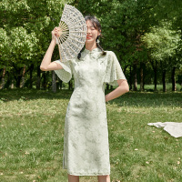 三彩2020年夏季新款立领盘扣荷叶袖年轻款改良版旗袍连衣裙