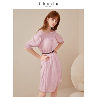 伊布都ibudu2020夏季新款打揽一字肩腰带雪纺裙连衣裙