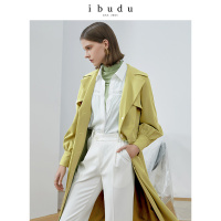 伊布都ibudu2020春季新款西装领腰带长款牛油果绿风衣外套