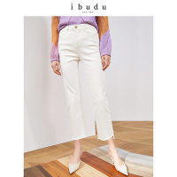 伊布都ibudu2020春季新款高腰直筒水洗棉弹牛仔裤长裤
