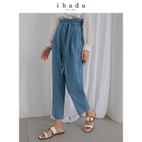 伊布都ibudu2020秋季新款高腰腰带直筒裤翻边休闲裤长裤