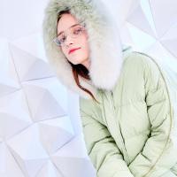 三彩狐狸真毛白鸭绒面包服中长时尚流行羽绒服