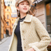 三彩冬季新款粗仿花呢颗粒绒长袖毛呢外套