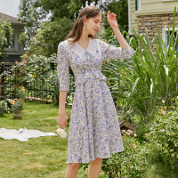 三彩2020秋季新款荷叶边七分袖蔷薇花印花雪纺连衣裙