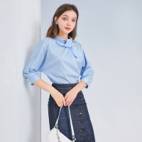 三彩2020秋季新款设计感衣领休闲七分袖衬衫上衣