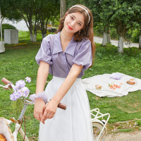 三彩2020秋季新款泡泡袖天丝衬衫上衣