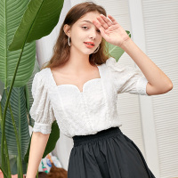 三彩2020秋季新款短款直筒压绉泡泡袖复古法式衬衫上衣