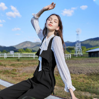 三彩2020春季新款圆领剪花银丝长袖喇叭袖雪纺白衬衫