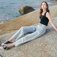 三彩2020夏季新款高腰阔腿裤胖mm遮肚显瘦牛仔裤长裤大码装