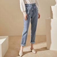 三彩2020秋季新款高腰直筒裤老爹裤棉弹牛仔裤长裤