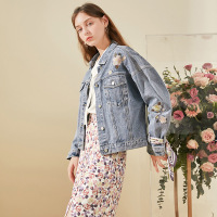 三彩2020秋季新款原创花朵绣花长袖牛仔衫外套