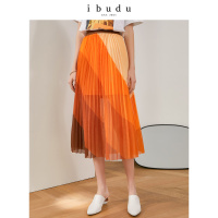 伊布都ibudu2020春季新款高腰松紧腰印花欧根纱百褶裙