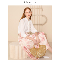 伊布都ibudu2020夏季新款高腰百褶裙印花泼墨半身裙中