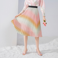 三彩2020秋季新款亮丝松紧腰高腰渐变色印花百褶裙半身中
