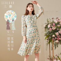 三彩2020秋季新款V领原创玫瑰花印花裙灯笼袖雪纺连衣裙