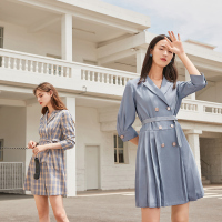 三彩2020秋季新款仿麻西装领腰带七分袖西装裙连衣裙