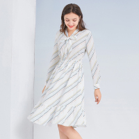 三彩2020秋季新款V领松紧腰长袖心电图印花大摆连衣裙